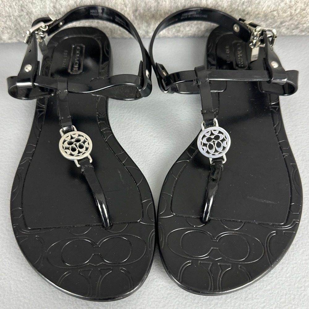 Coach Sandals Women 6 Black Pansy Thong Jelly T-Strap Logo Flat A0925